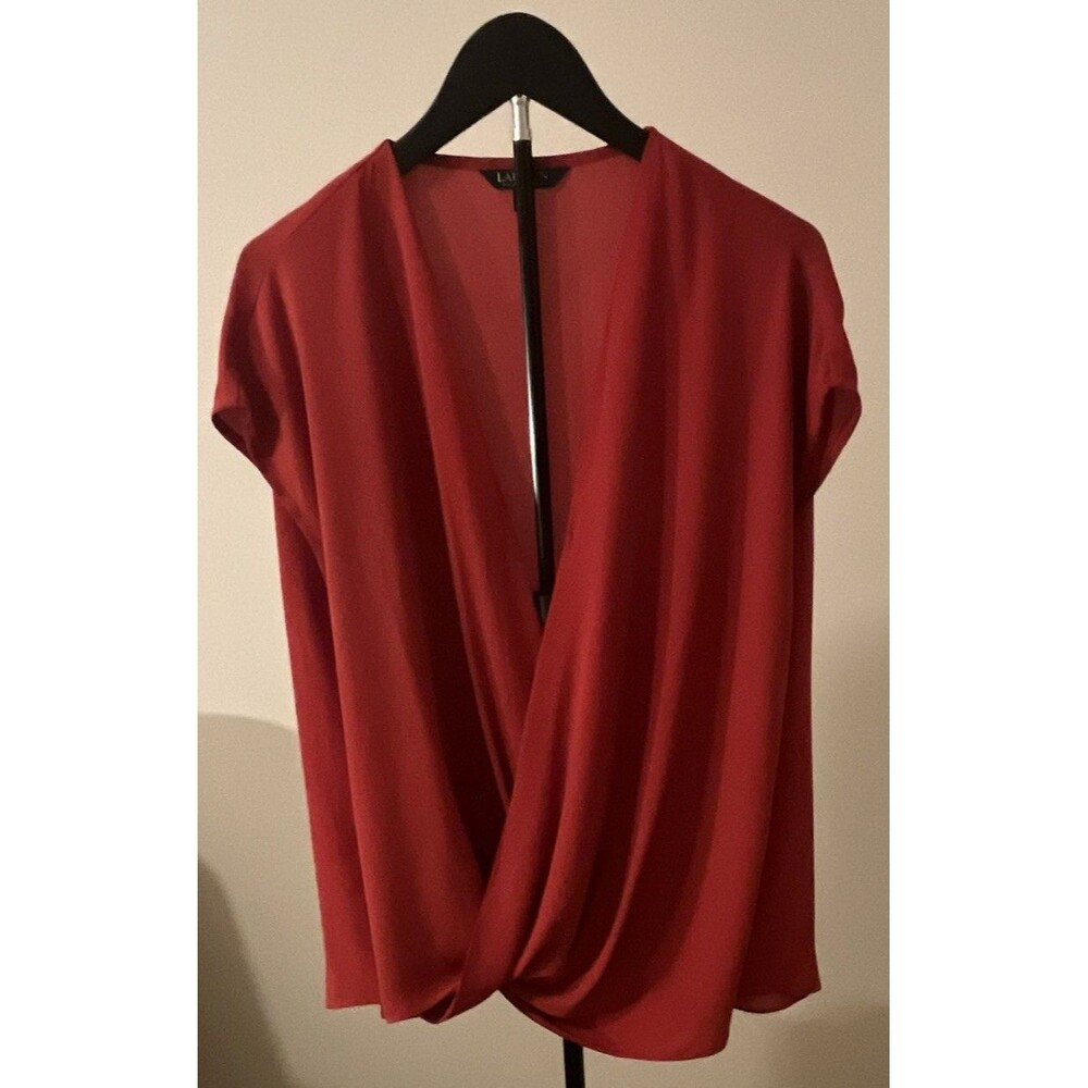 Lauren Ralph Lauren Women's XL Red Draped V-Neck Cap Sleeve Blouse